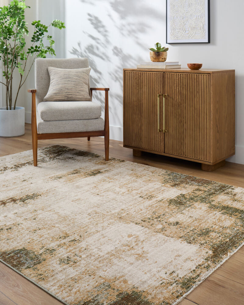 Myrtle Avenue Camel/Teal Machine Woven Rug - roomscene