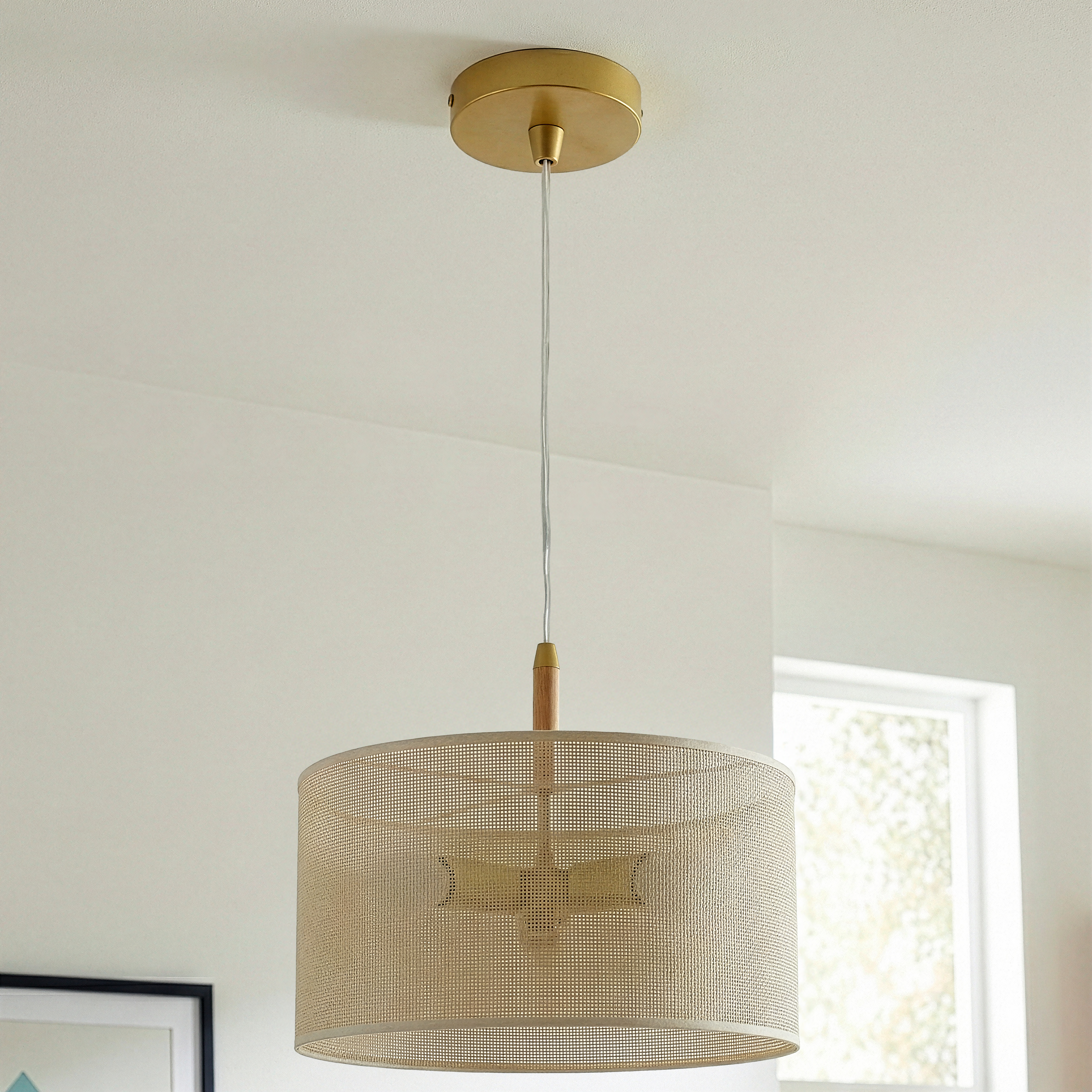Glacier Pendant Lamp | Oak and Natural Woven Drum Design