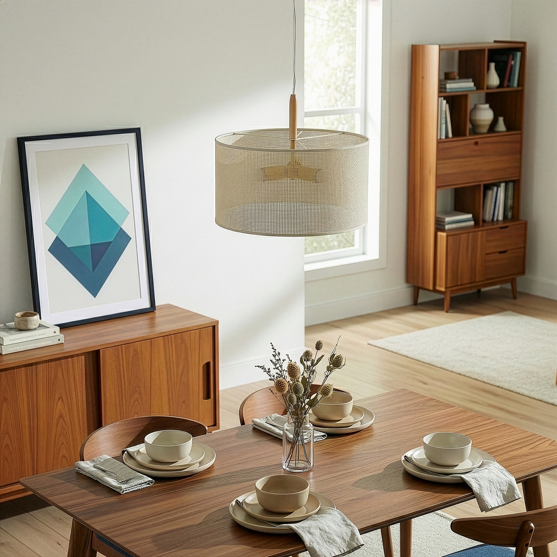 Glacier Pendant Lamp | Oak and Natural Woven Drum Design