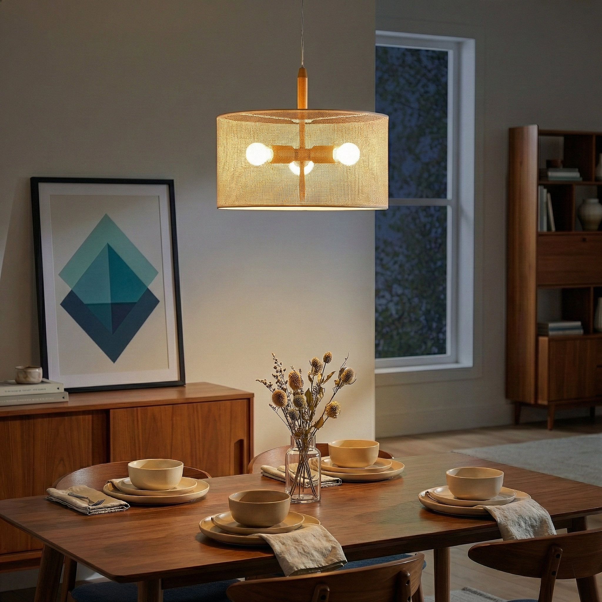 Glacier Pendant Lamp | Oak and Natural Woven Drum Design