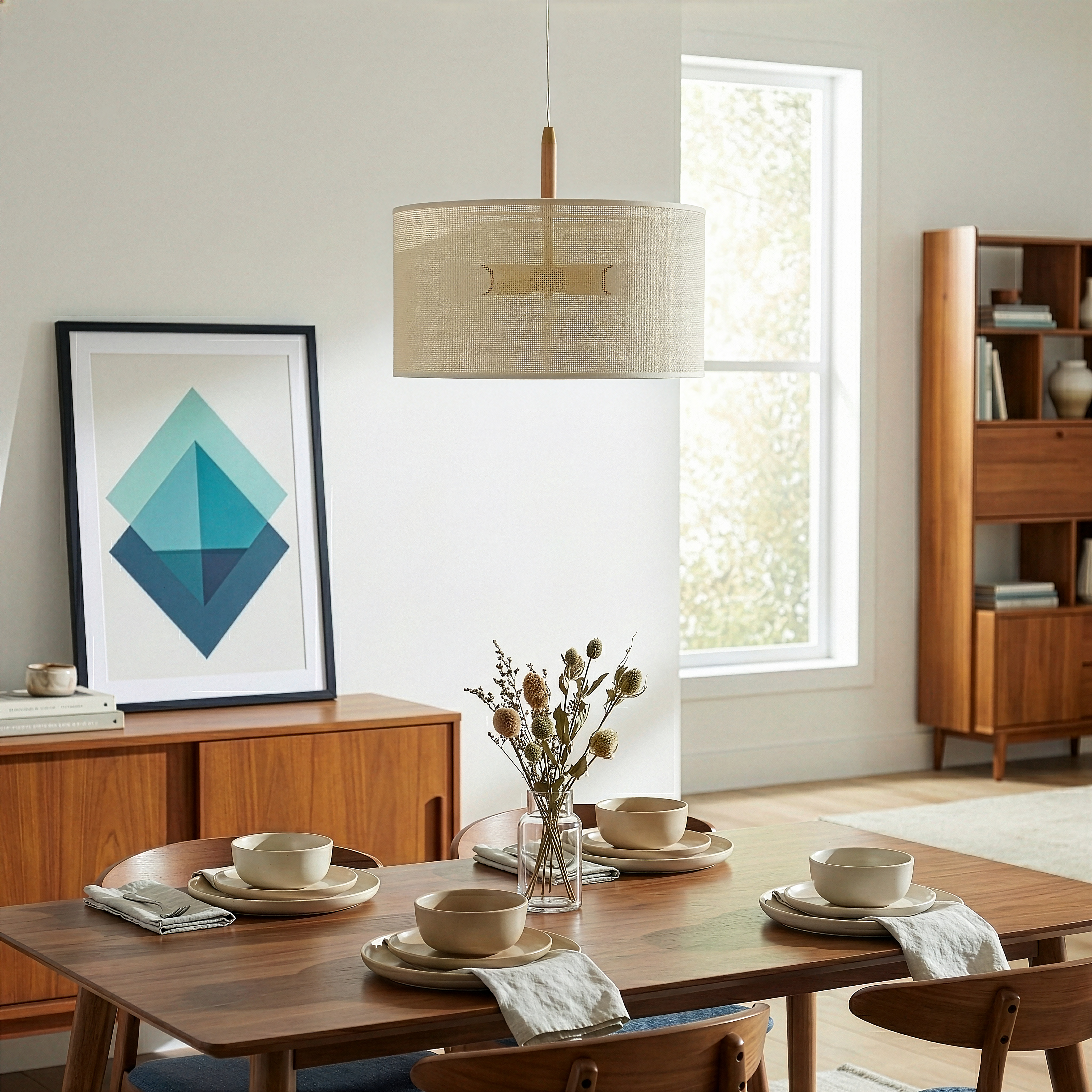 Glacier Pendant Lamp | Oak and Natural Woven Drum Design