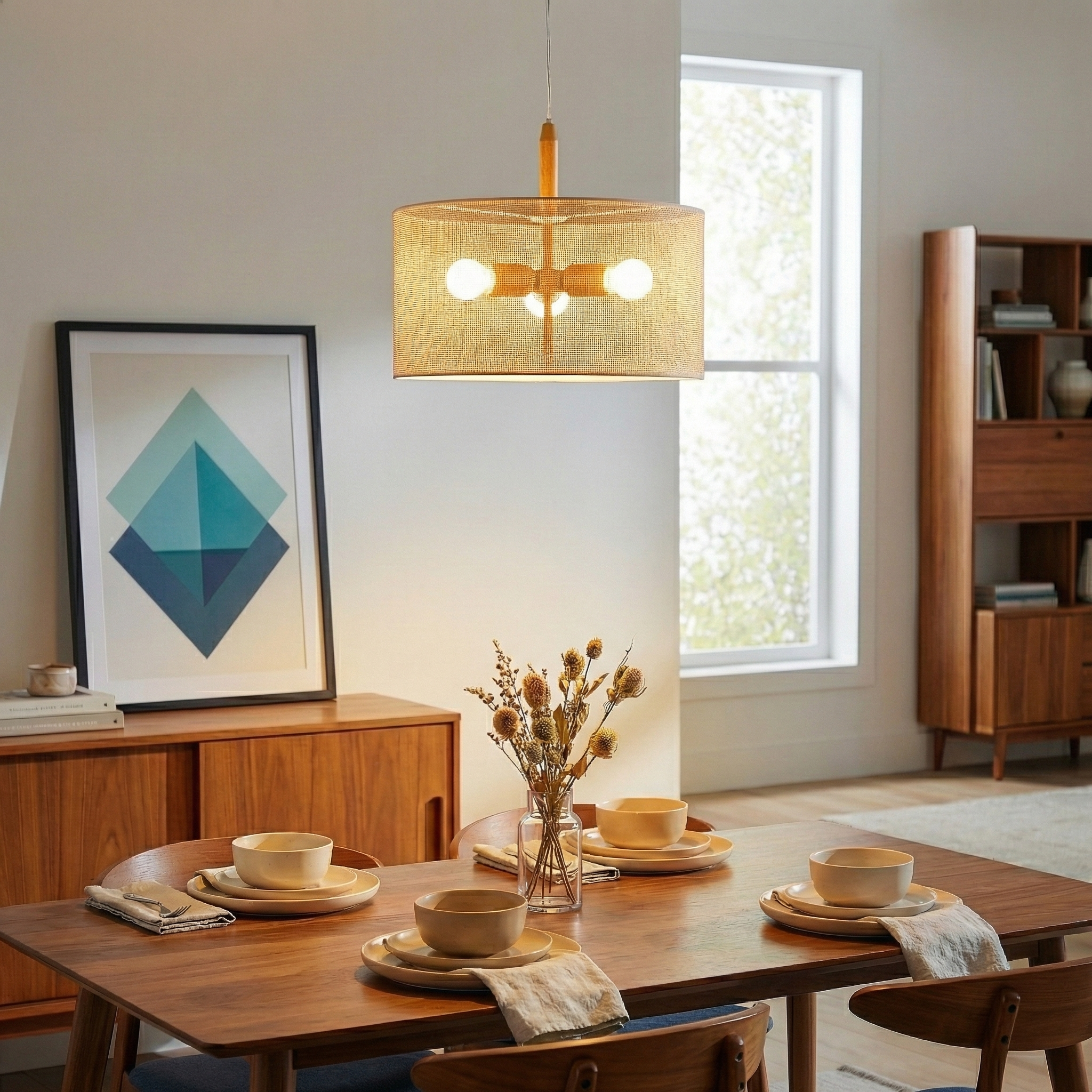 Glacier Pendant Lamp | Oak and Natural Woven Drum Design