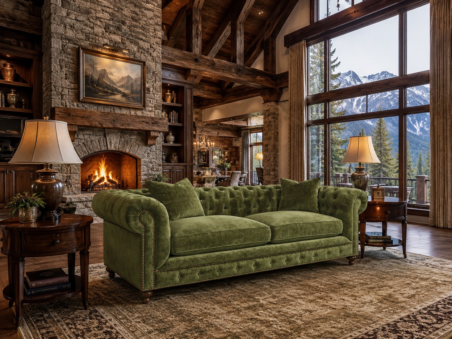 Greenwich 96″ Sofa in Andrew Forest lifestyle image - Lodge Mountain Lake