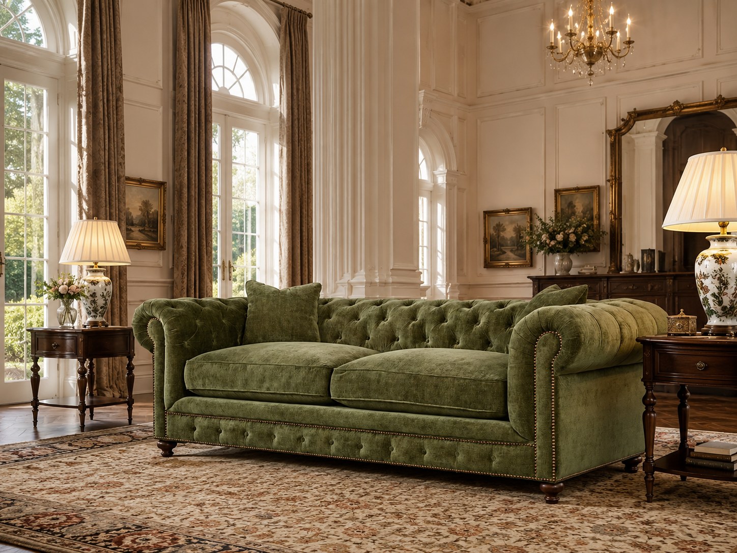 Greenwich 96″ Sofa in Andrew Forest lifestyle image - Traditional Transitional Green