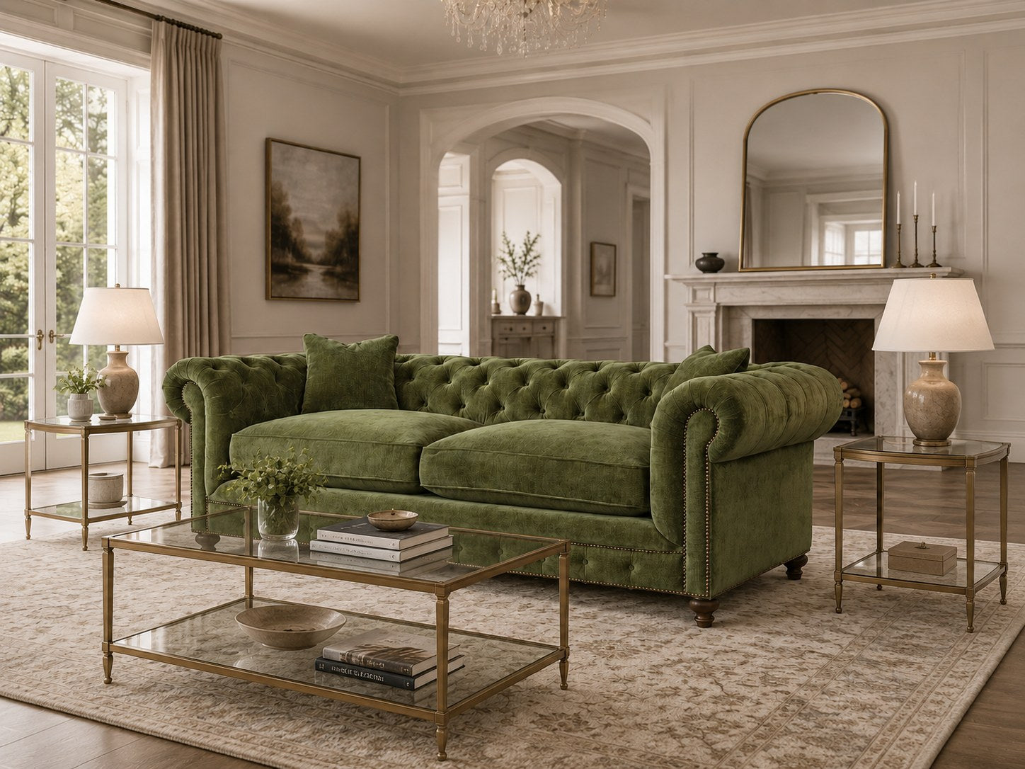Greenwich 96″ Sofa in Andrew Forest lifestyle image - Forest Transitional Traditional