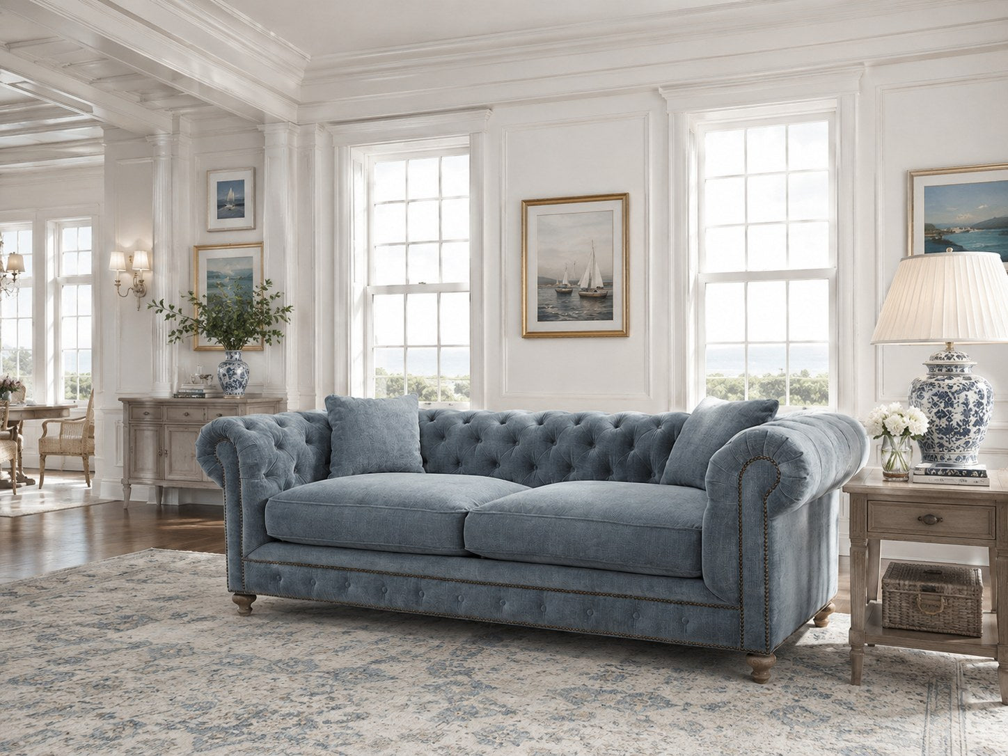 Greenwich 96″ Sofa in Andrew Raw Denim lifestyle image - Coastal Transitional Blue