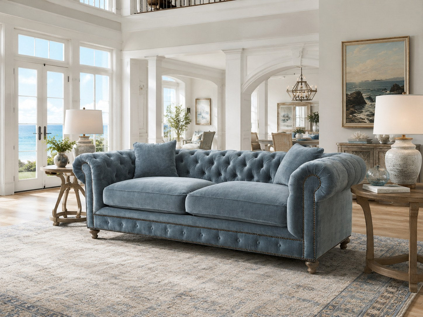 Greenwich 96″ Sofa in Andrew Raw Denim lifestyle image - Traditional Coastal Transitional