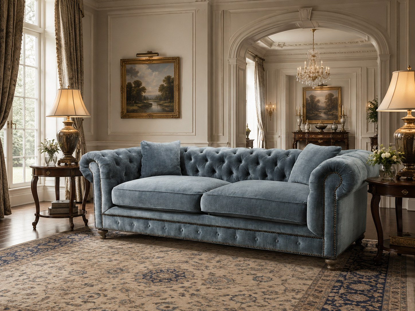 Greenwich 96″ Sofa in Andrew Raw Denim lifestyle image - Raw Denim Traditional