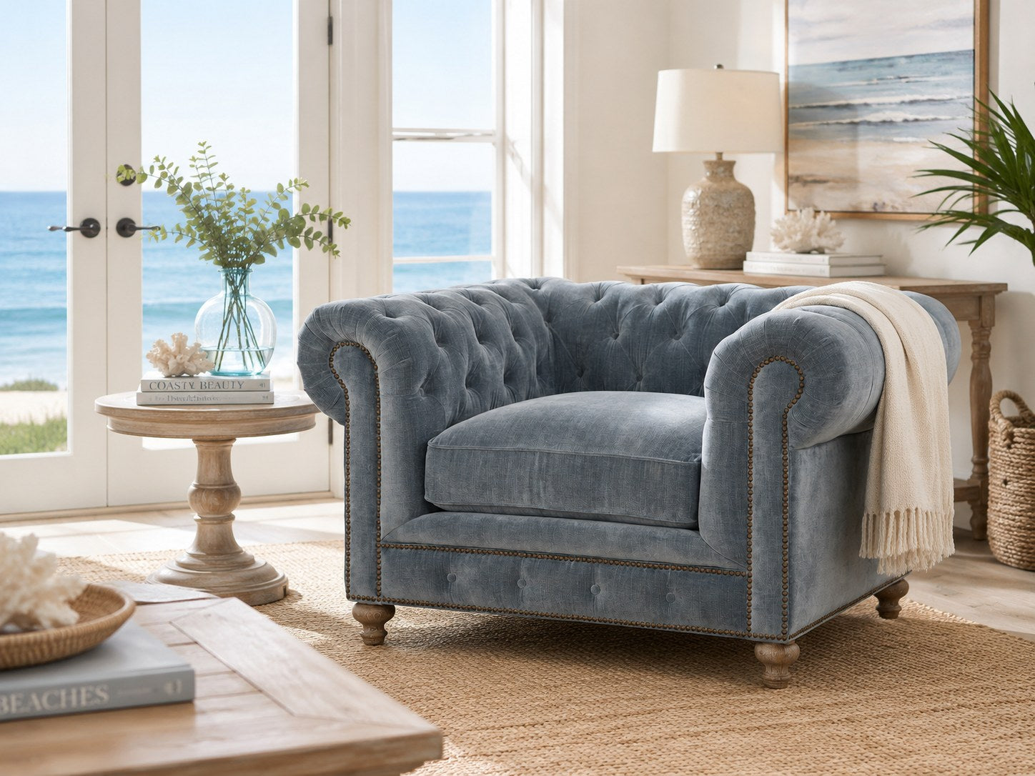 Greenwich Chair in Andrew Raw Denim lifestyle image - Denim Coastal California