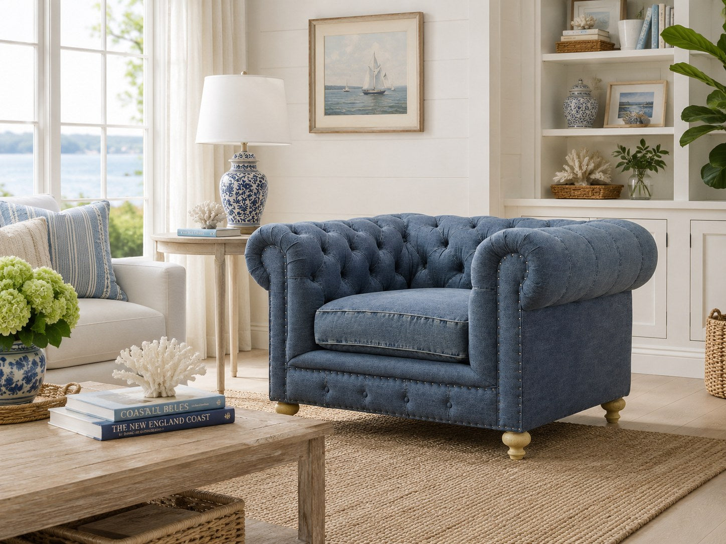Greenwich Chair in Andrew Raw Denim lifestyle image - Coastal Traditional Transitional
