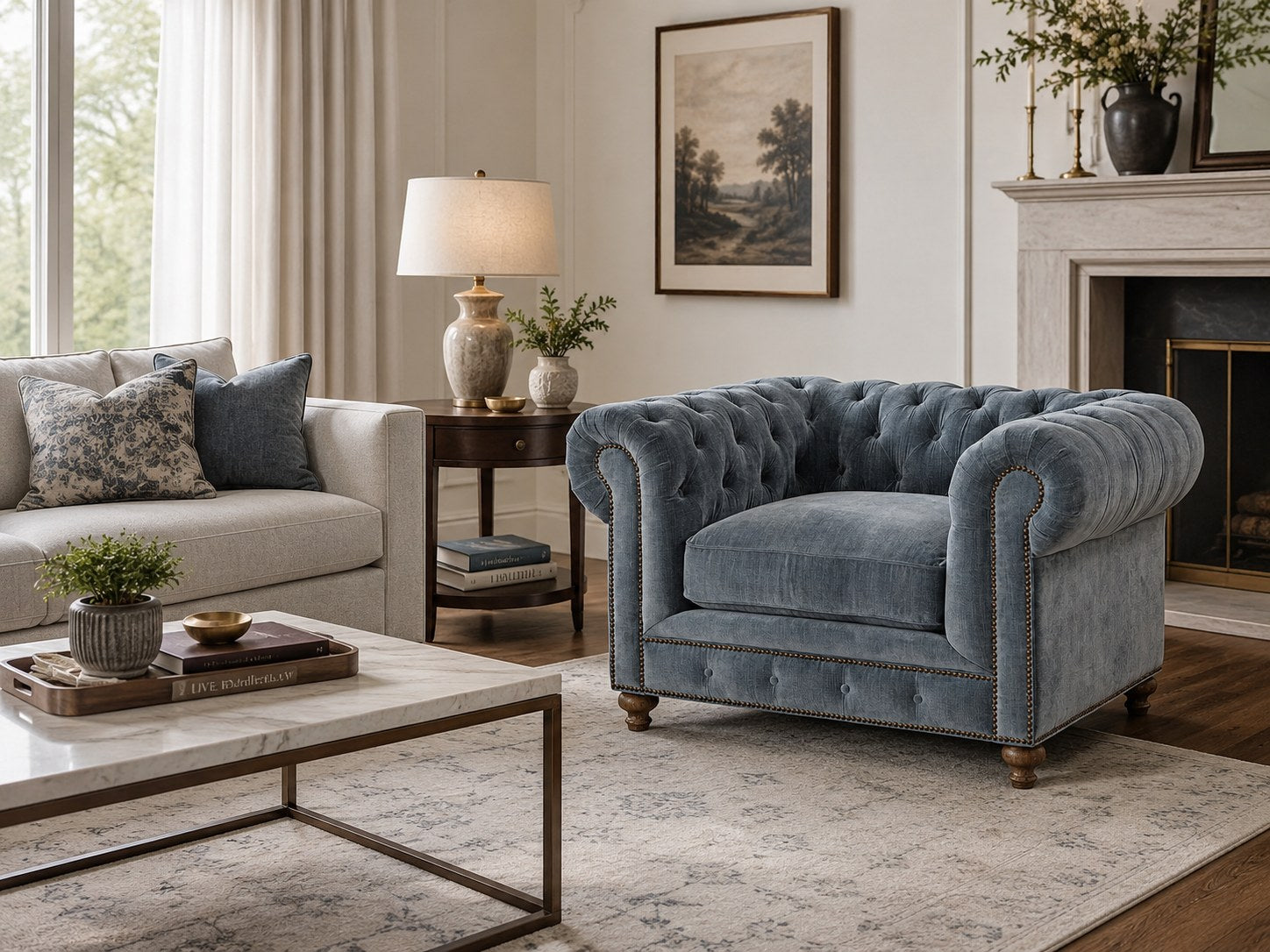 Greenwich Chair in Andrew Raw Denim lifestyle image - Denim Transitional Traditional
