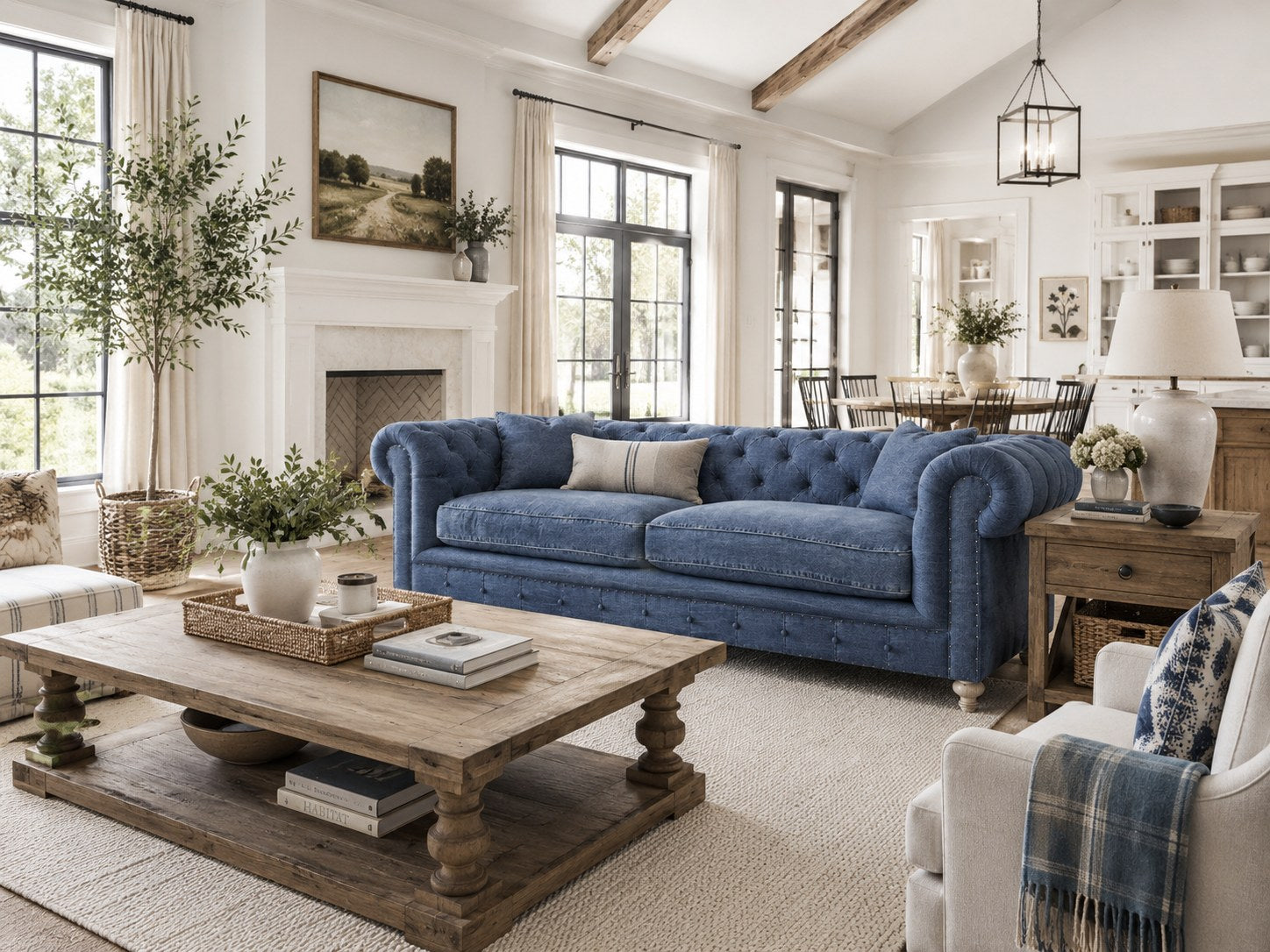 Greenwich 96″ Sofa in Desi Blue Denim lifestyle image - Farmhouse Traditional Transitional