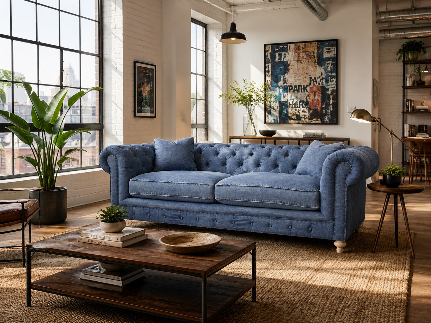 Greenwich 96″ Sofa in Desi Blue Denim lifestyle image - Taditional Transitional Casual