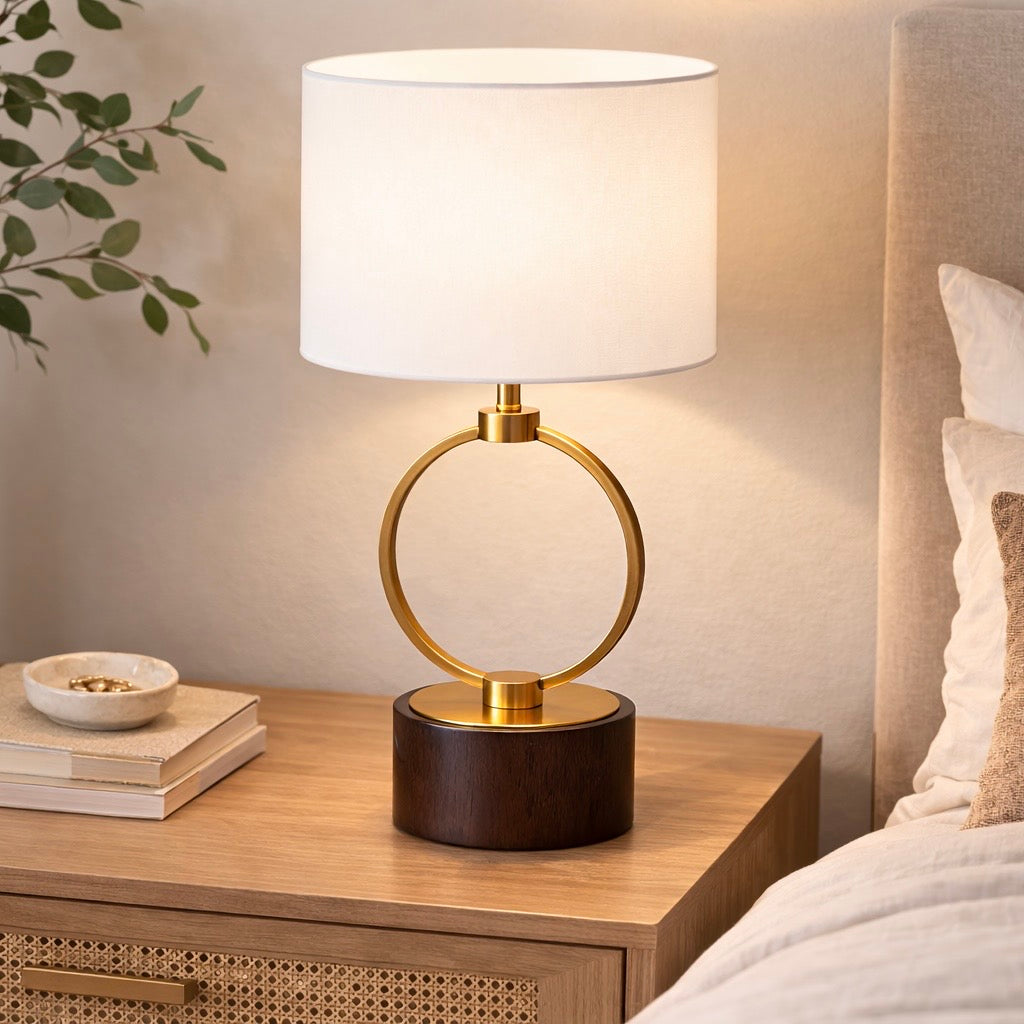 Grid Table Lamp | Circular Brass Ring and Wooden Base