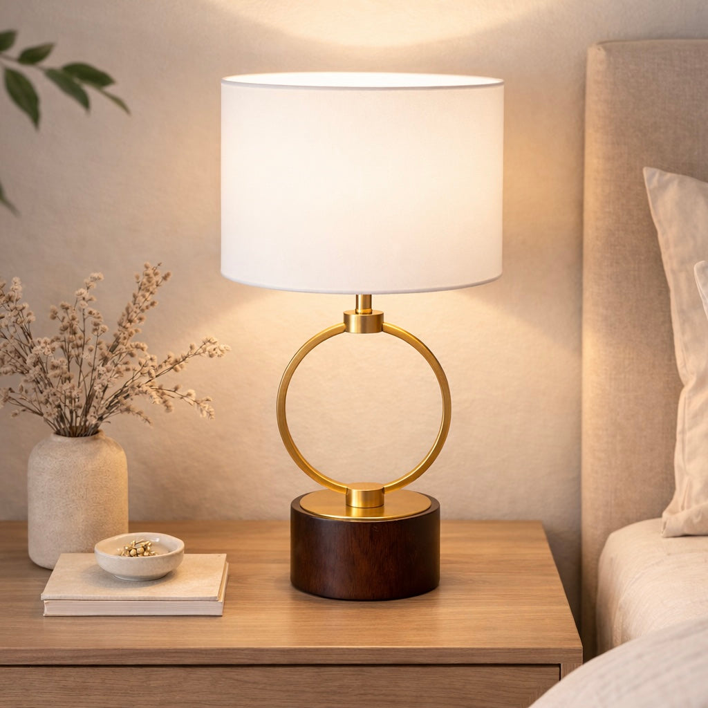 Grid Table Lamp | Circular Brass Ring and Wooden Base