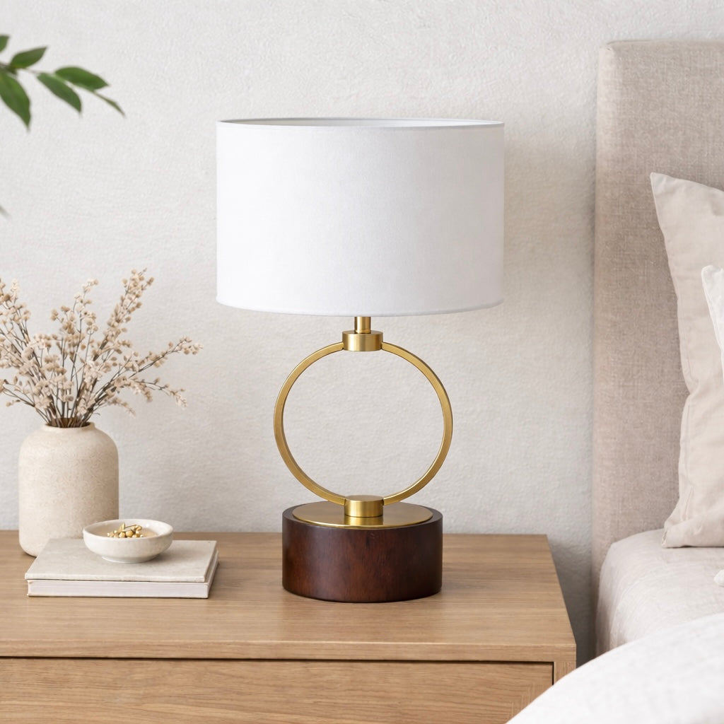 Grid Table Lamp | Circular Brass Ring and Wooden Base