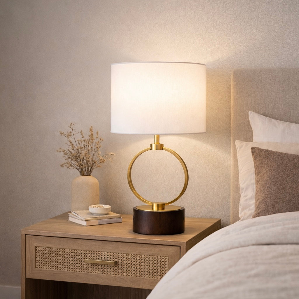 Grid Table Lamp | Circular Brass Ring and Wooden Base