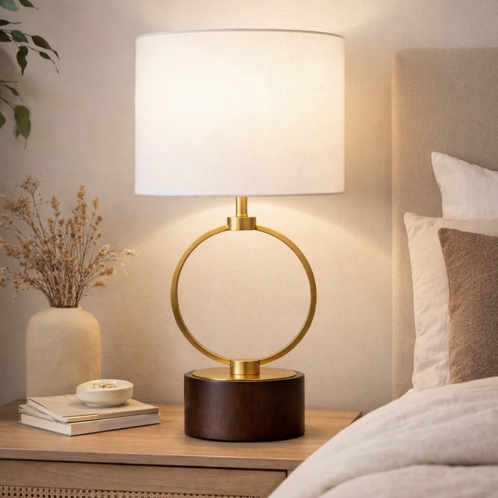 Grid Table Lamp | Circular Brass Ring and Wooden Base