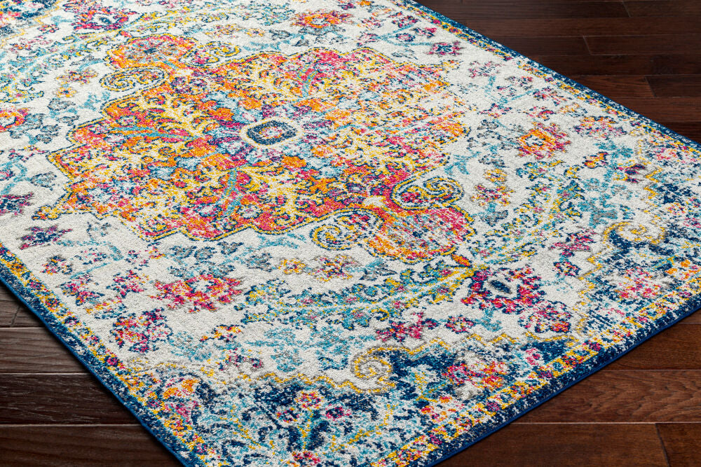 Harput Aqua/Saffron Machine Woven Rug - corner