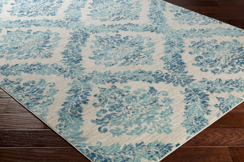 Harput Ivory/Teal Machine Woven Rug - corner