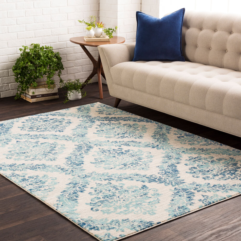 Harput Ivory/Teal Machine Woven Rug - roomscene
