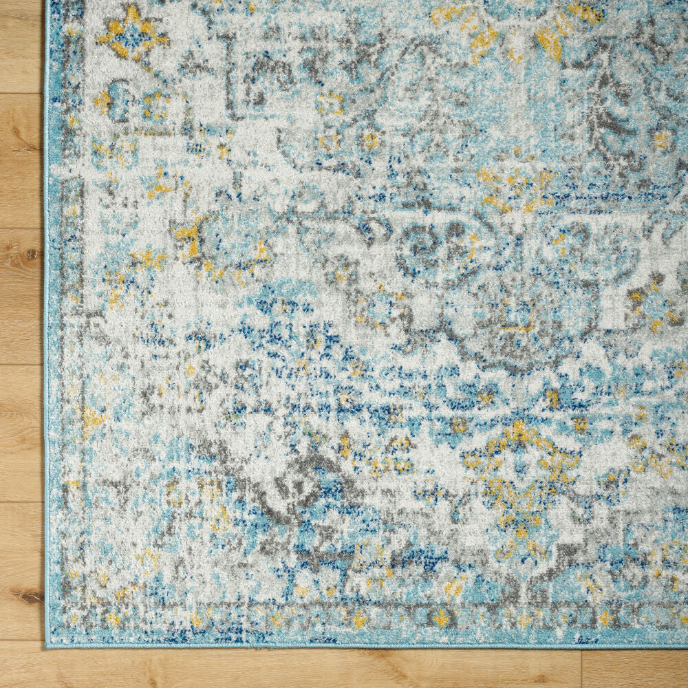 Harput Charcoal/Teal Machine Woven Rug - overhead