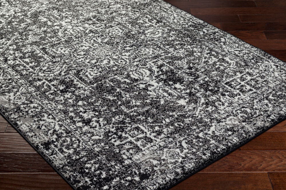 Harput Black/Light Slate Machine Woven Rug - corner