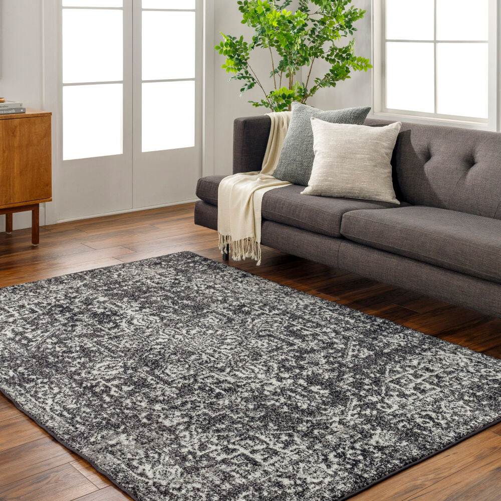 Harput Black/Light Slate Machine Woven Rug - roomscene