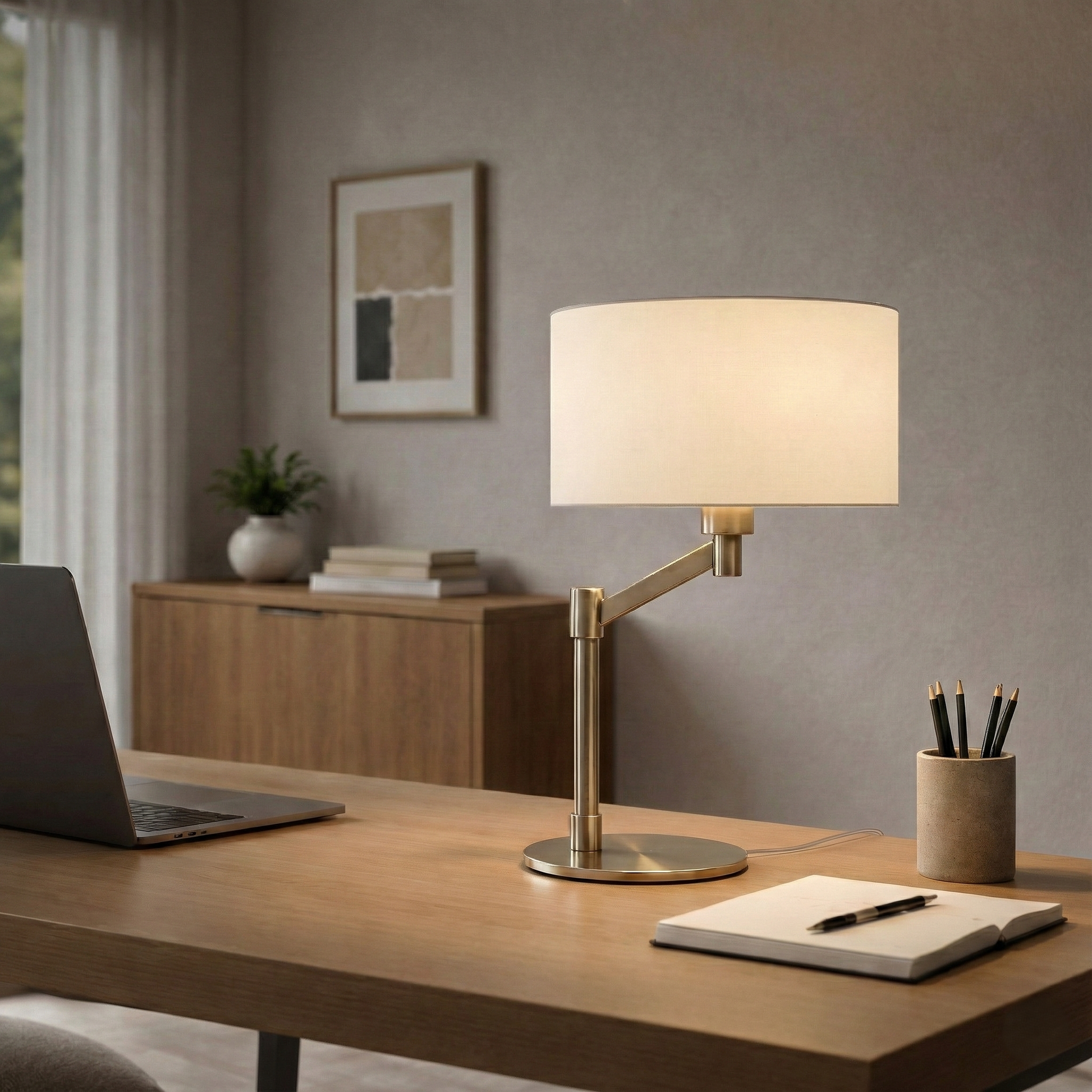 Horizon Table Lamp | Brushed Nickel and Curved Metal Base