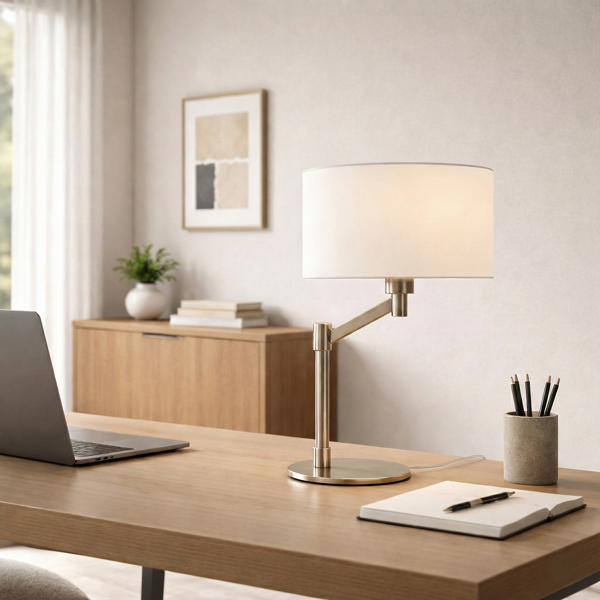 Horizon Table Lamp | Brushed Nickel and Curved Metal Base