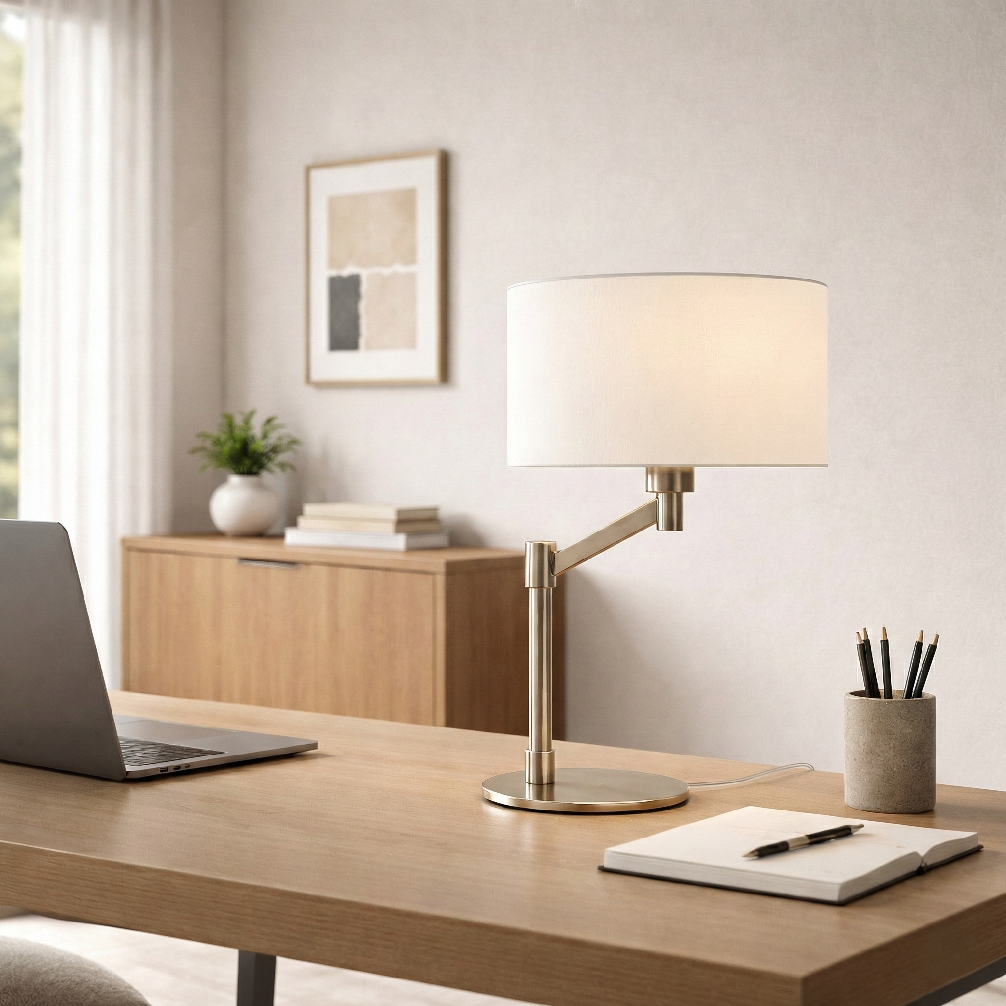 Horizon Table Lamp | Brushed Nickel and Curved Metal Base