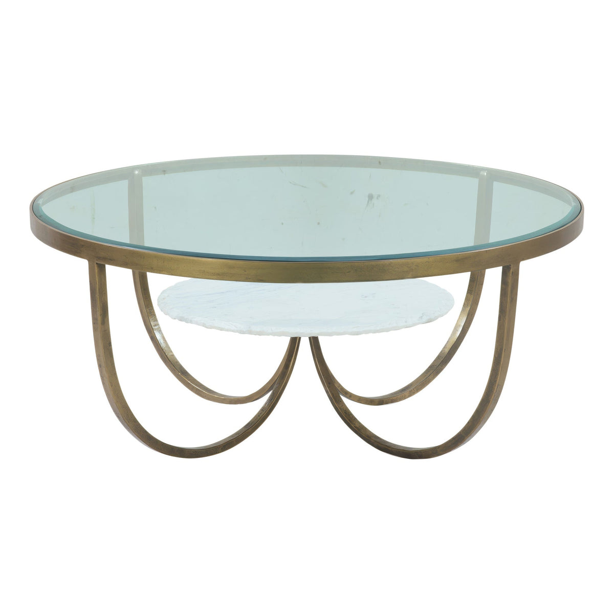 Venice 36" Round Coffee Table in Antique Brass with White Marble and Glass Top - image 1
