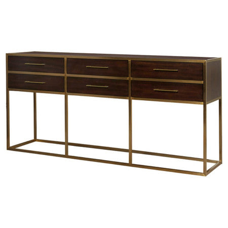 Gibson Modern Brushed Gold Mahogany 6 Drawers Console Table