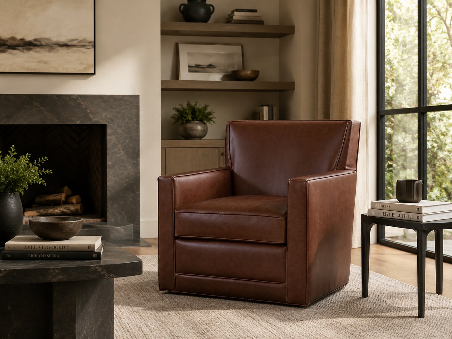 Jaxson Swivel Chair in Chaps Havana Brown lifestyle image - Chaps Transitional Contemporary