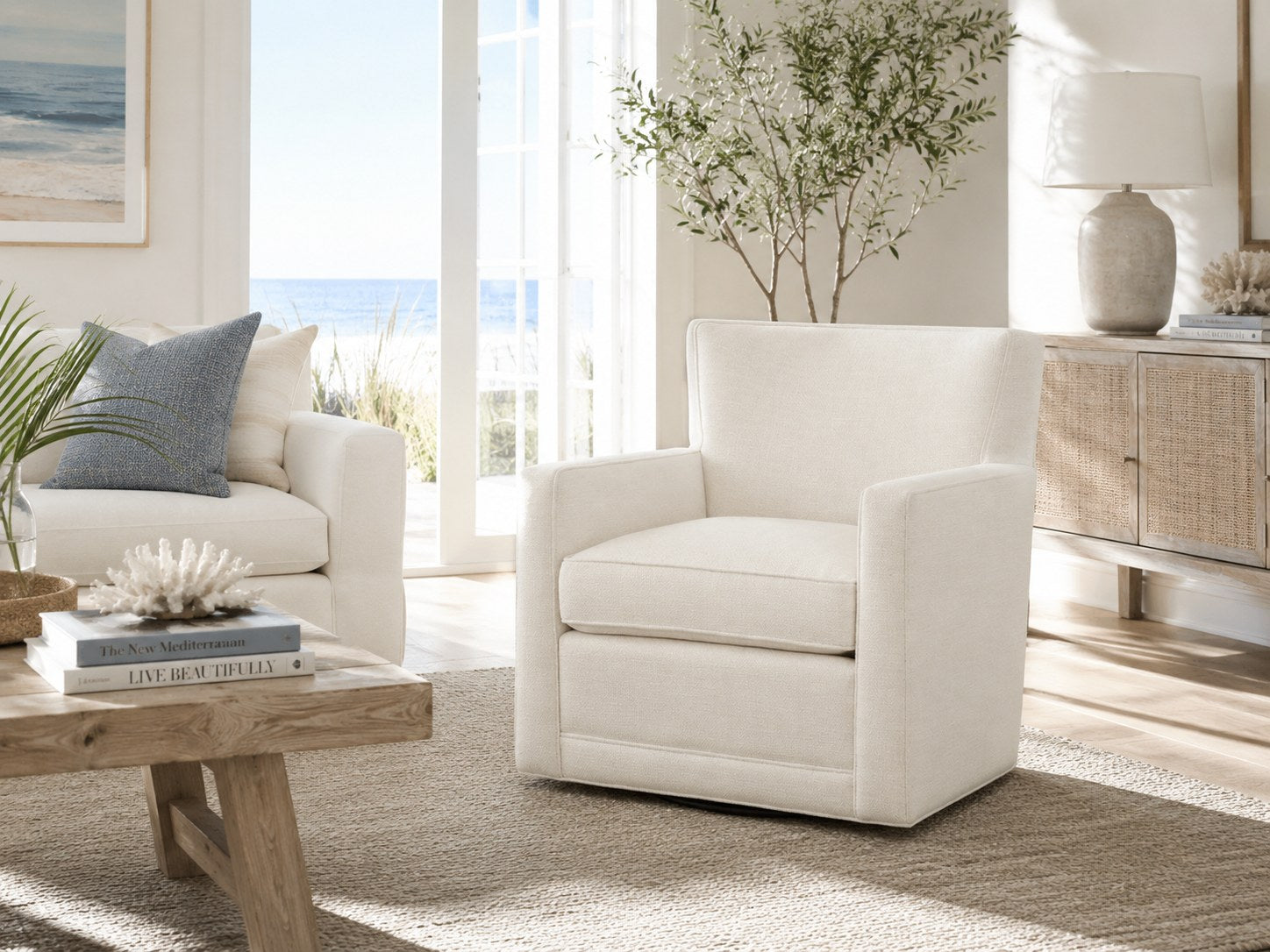 Jaxson Swivel Chair in Cumberland Cream lifestyle image - Cumberland Cream Coastal