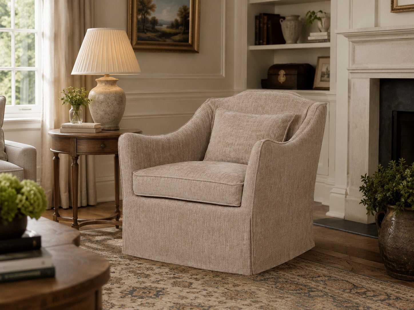 Keith Slipcovered Swivel Glider in Churchill Driftwood lifestyle image - Churchill Driftwood Traditional