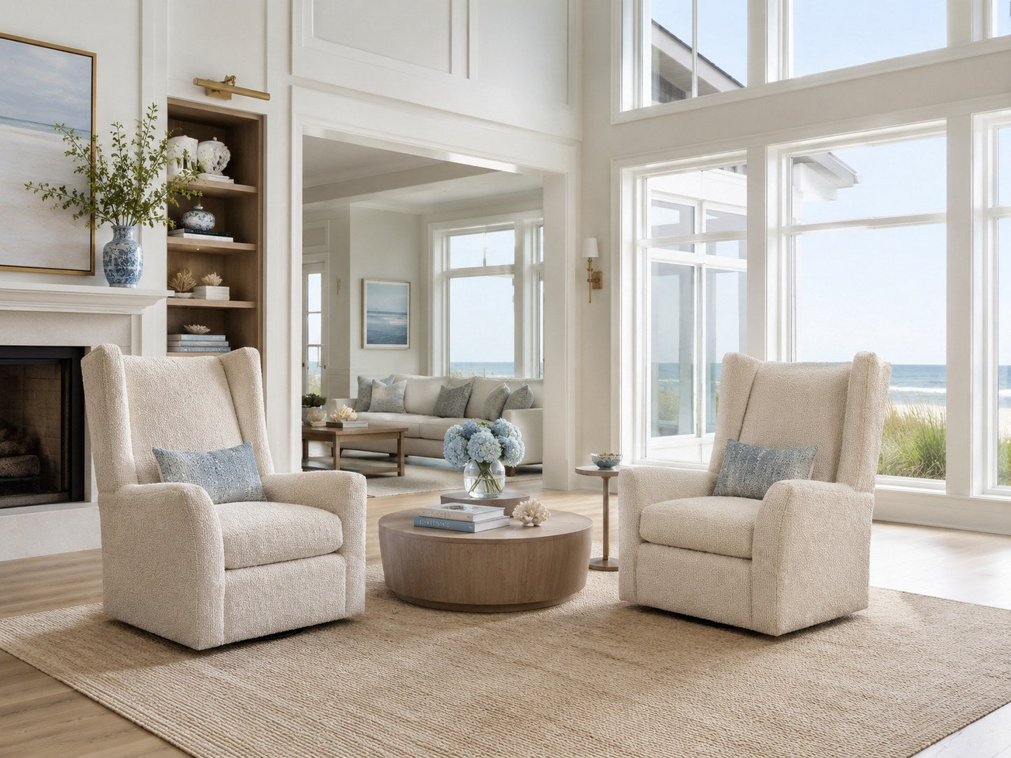 Kent Swivel Chair in Disk Linen lifestyle image - Linen Coastal California