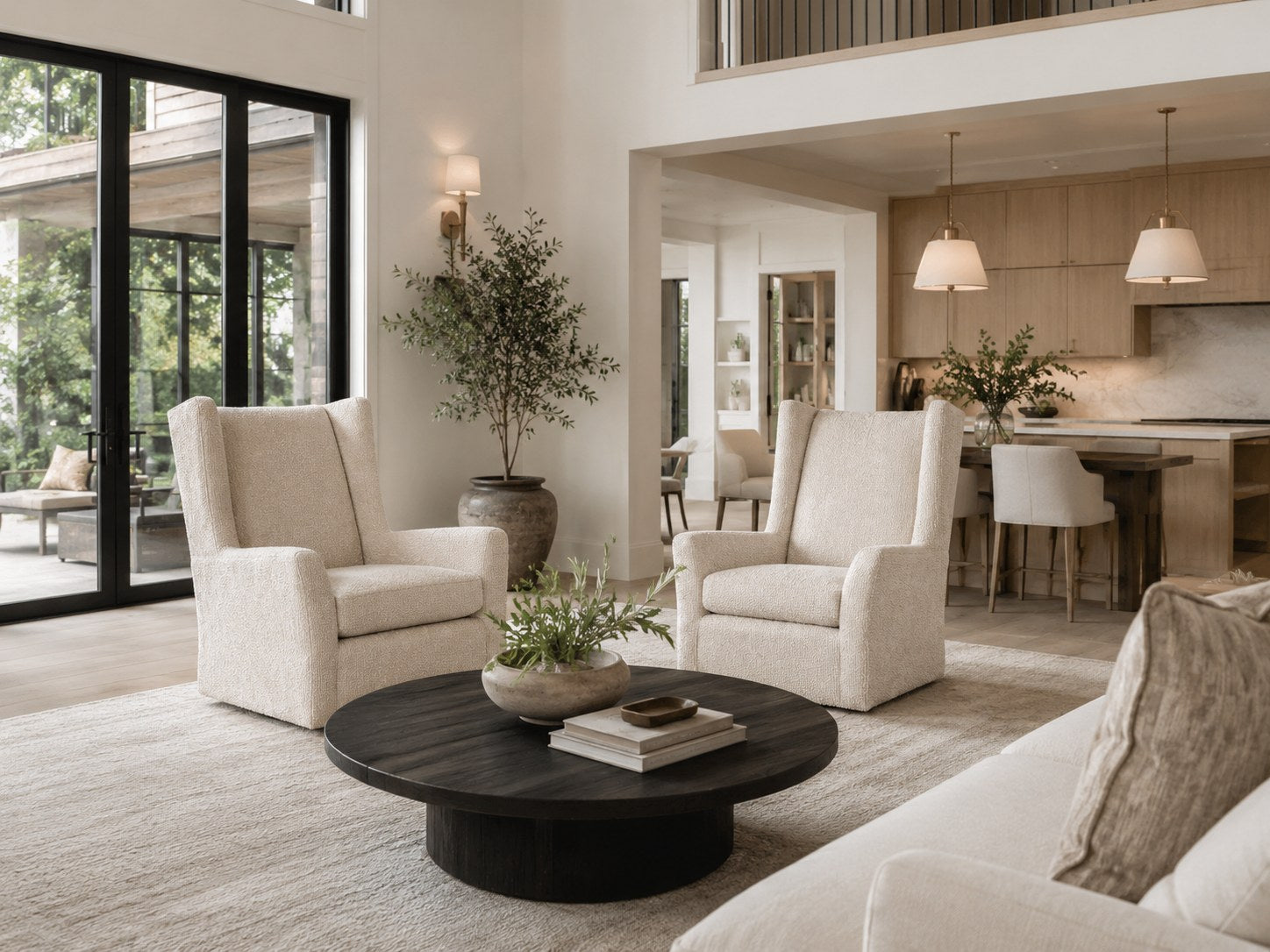 Kent Swivel Chair in Disk Linen lifestyle image - Linen Transitional Contemporary