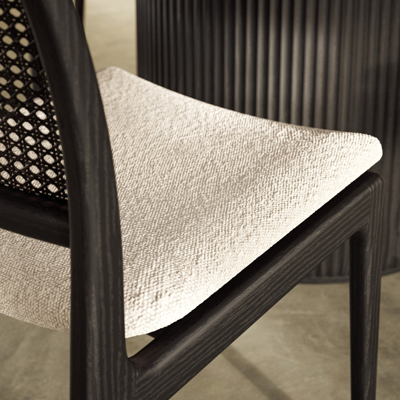 Modern Brazilian - Charlotte - Cane Side Chair - Bouclé Crafted Glaze Seat - Ebano Frame - Ebano Cane Webbing