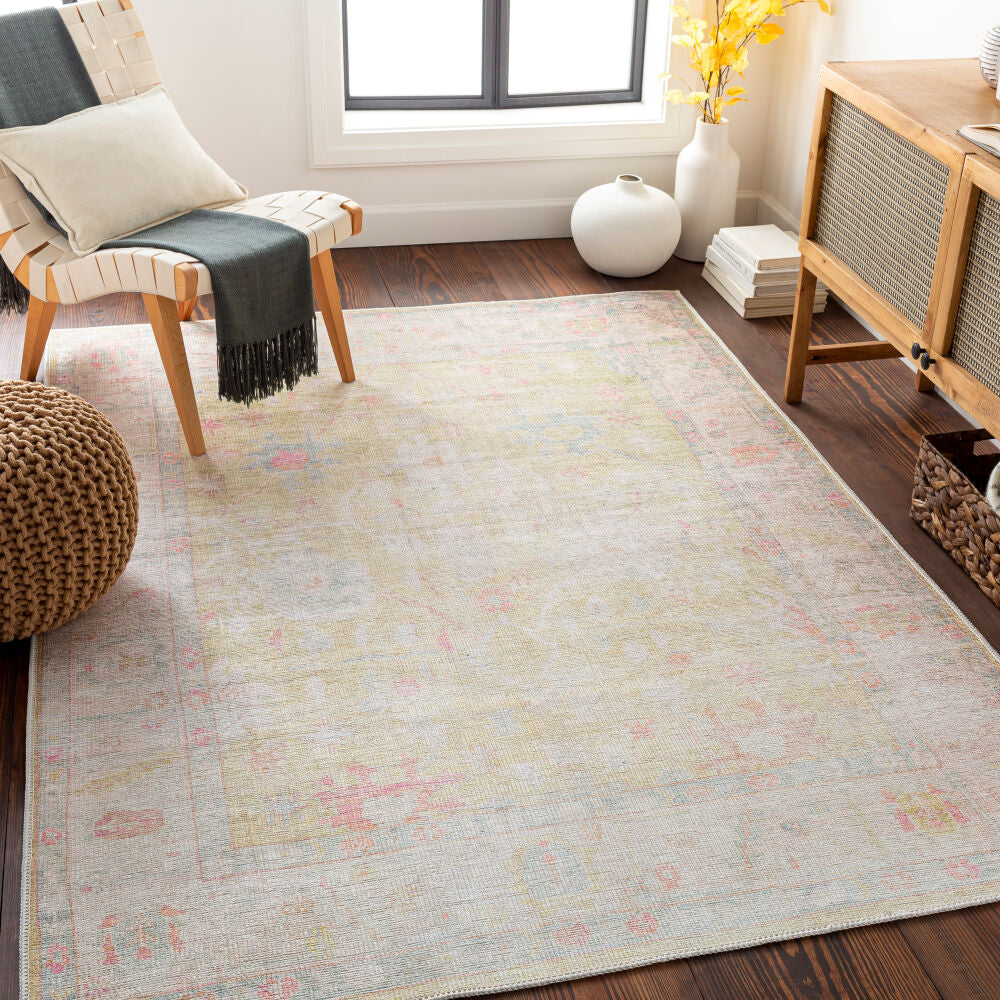 Kemer Dusty Pink/White Machine Woven Rug - roomscene