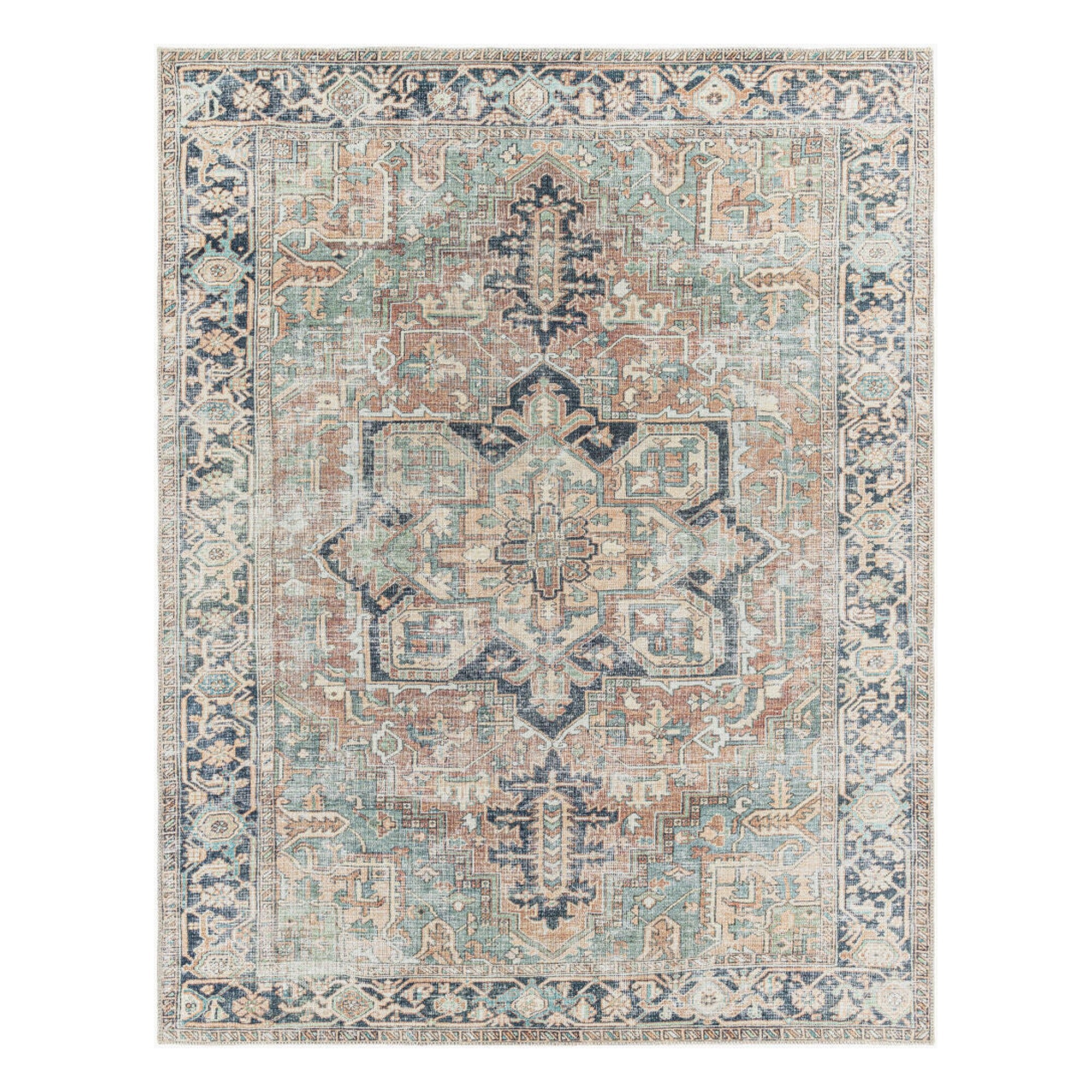 Kemer Navy/Yellow Machine Woven Rug - 5'3" x 7'