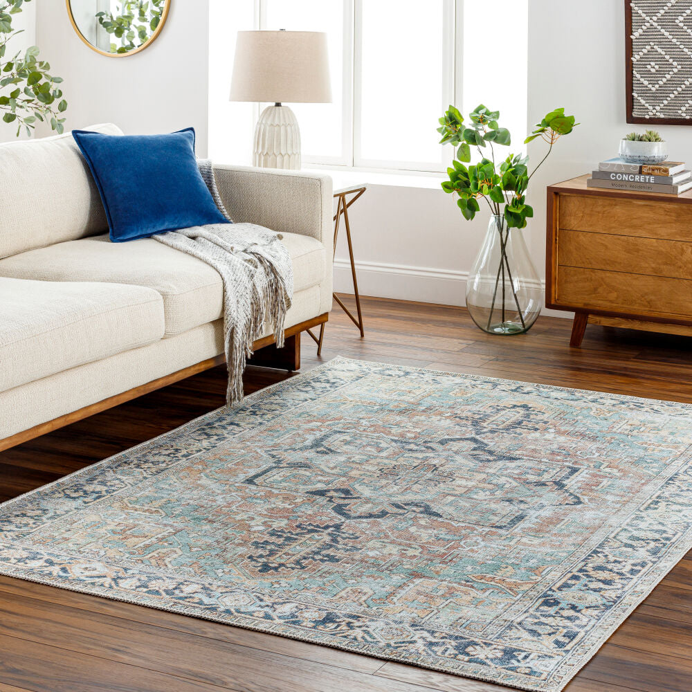 Kemer Navy/Yellow Machine Woven Rug - roomscene