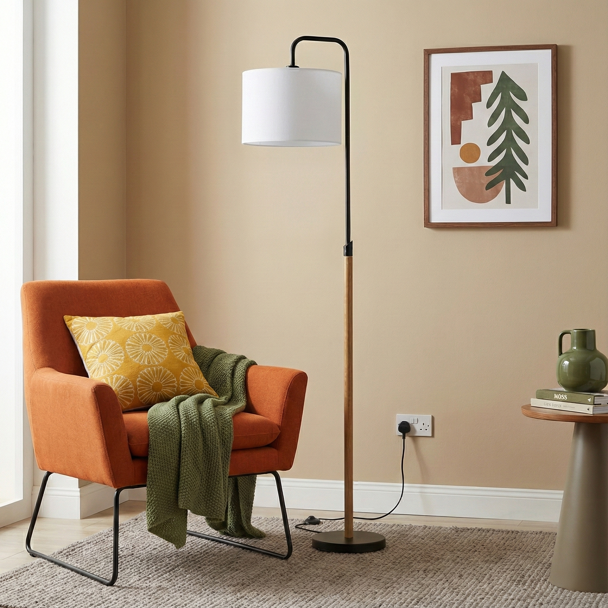 Lior Floor Lamp | Wooden Pole and White Drum Shade