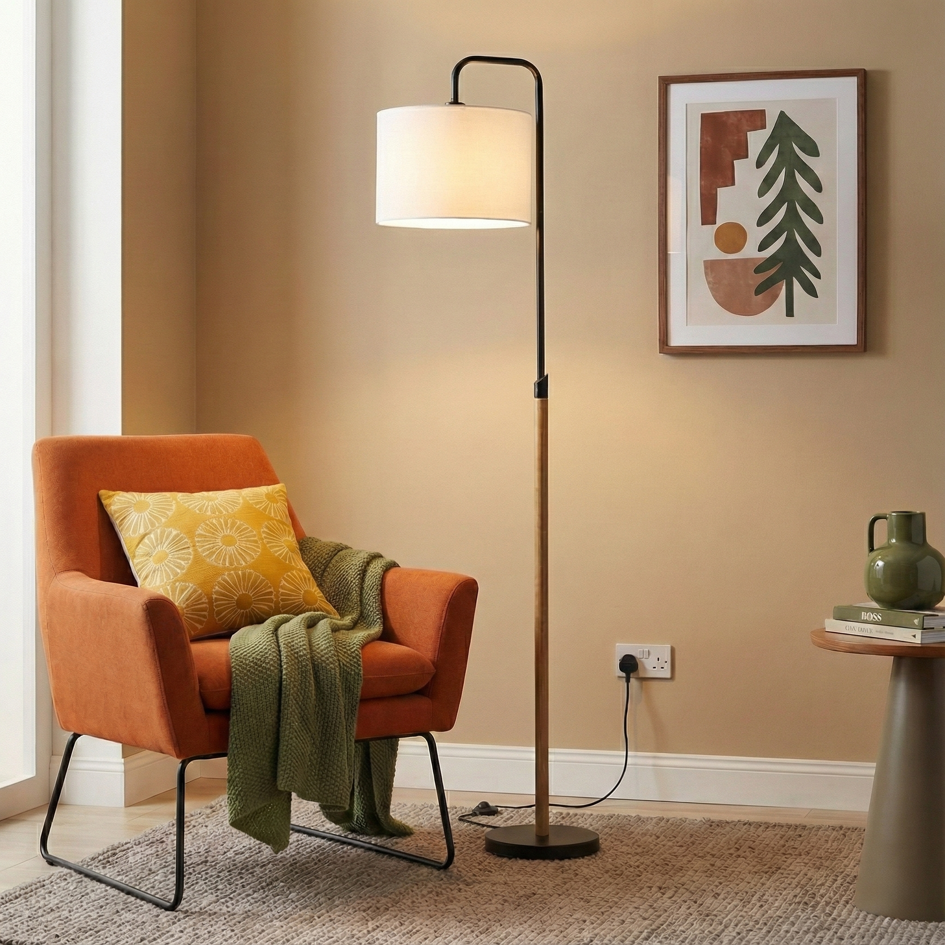 Lior Floor Lamp | Wooden Pole and White Drum Shade