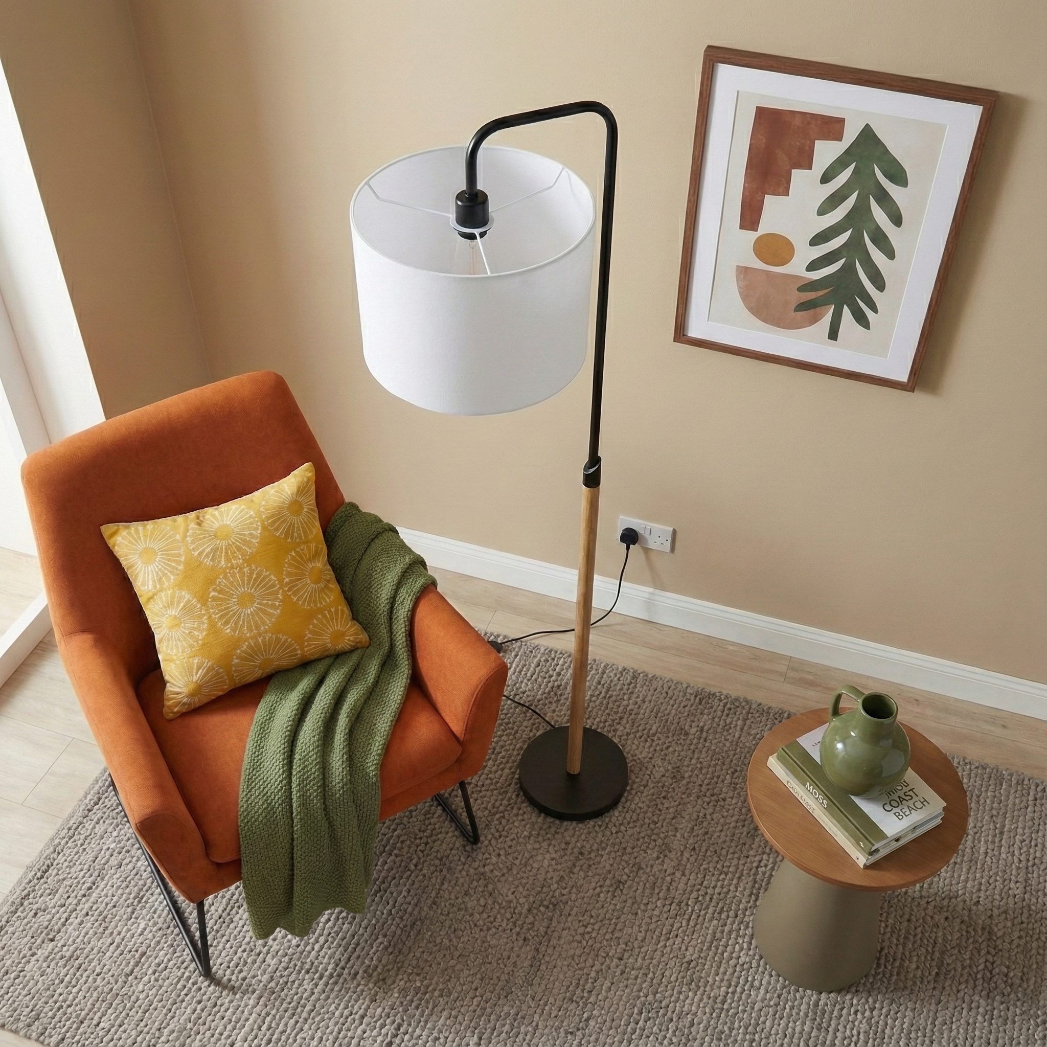 Lior Floor Lamp | Wooden Pole and White Drum Shade