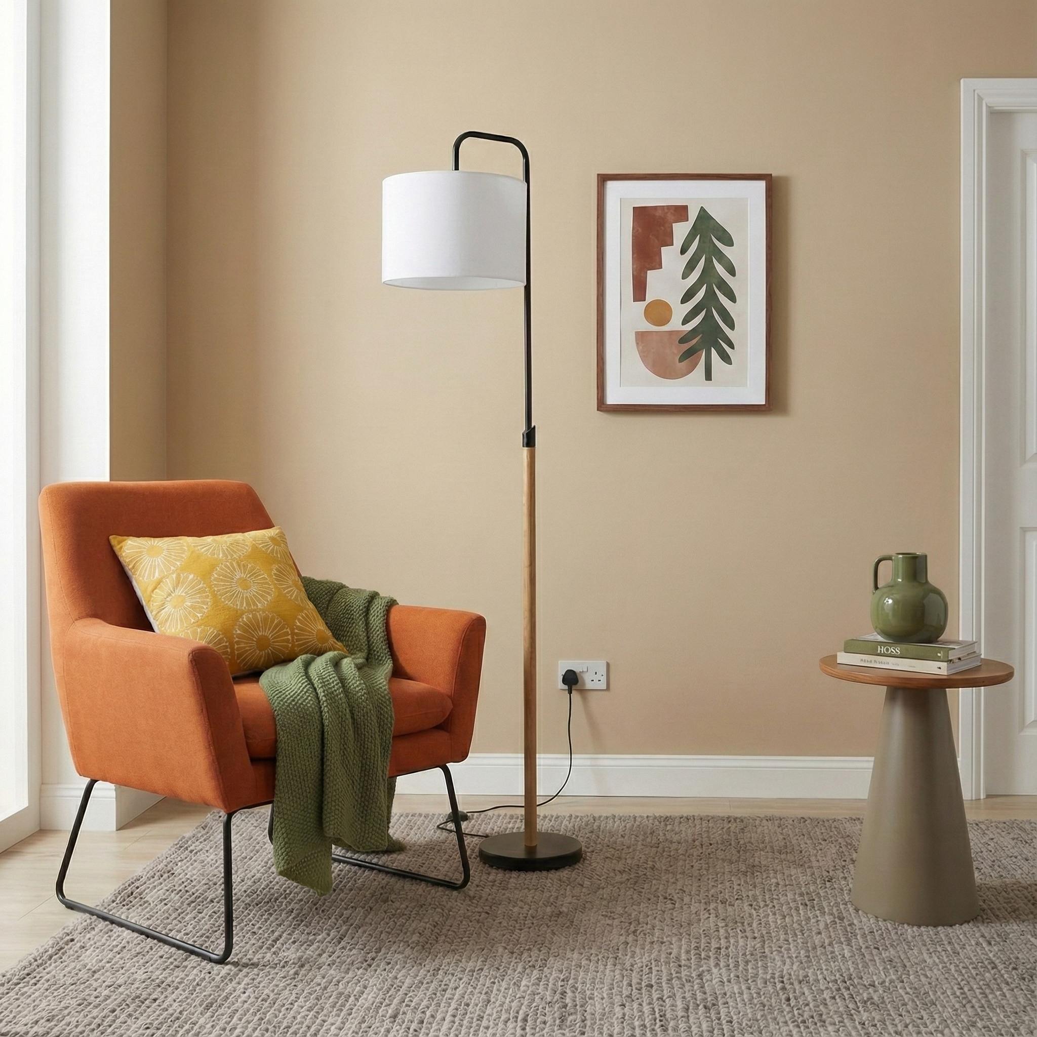 Lior Floor Lamp | Wooden Pole and White Drum Shade