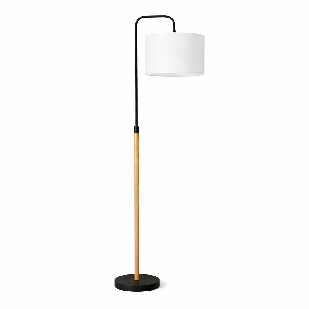 Lior Floor Lamp | Wooden Pole and White Drum Shade