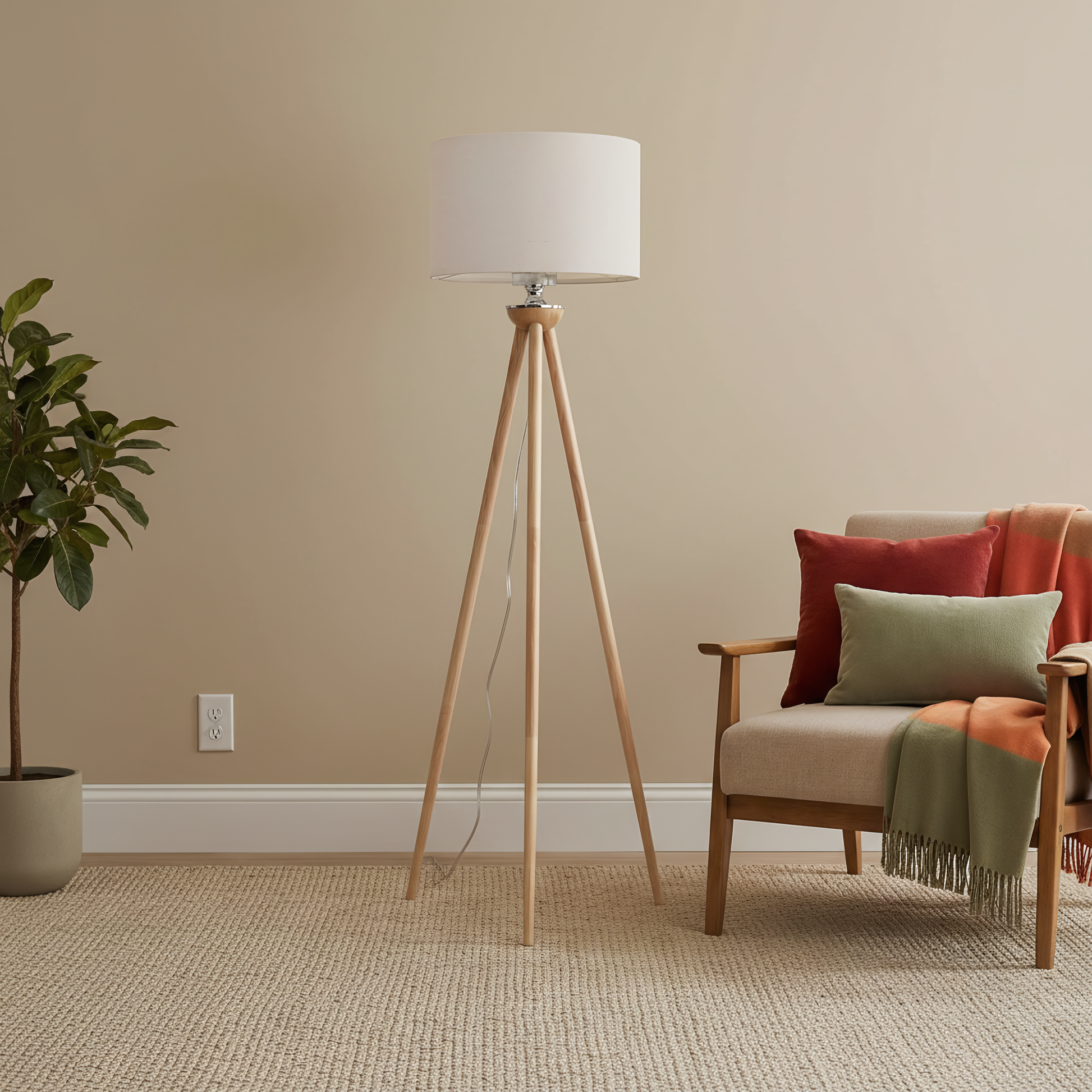 Lirios Floor Lamp | Natural Three-Legged Wood and Linen Shade