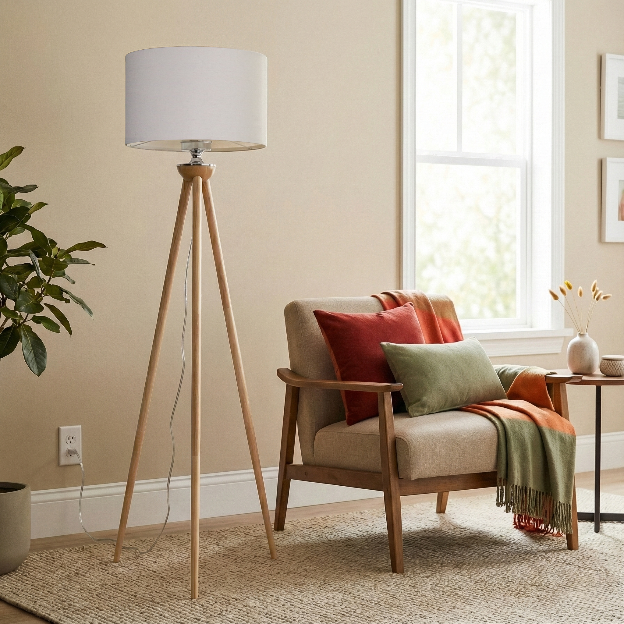 Lirios Floor Lamp | Natural Three-Legged Wood and Linen Shade