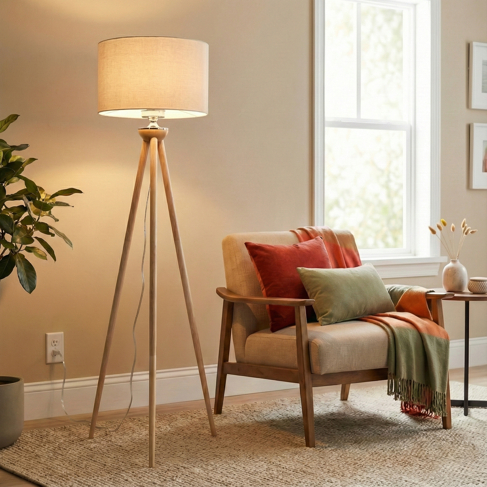 Lirios Floor Lamp | Natural Three-Legged Wood and Linen Shade